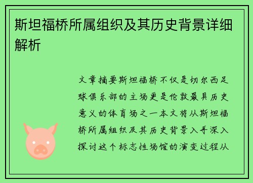 斯坦福桥所属组织及其历史背景详细解析 斯坦福桥所属组织及其历史背景详细解析