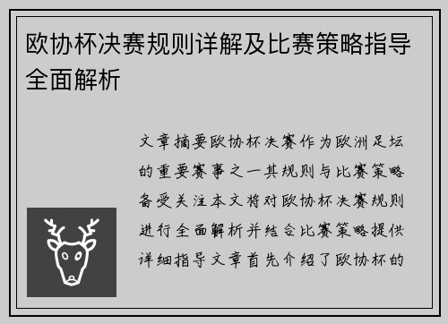 欧协杯决赛规则详解及比赛策略指导全面解析 欧协杯决赛规则详解及比赛策略指导全面解析